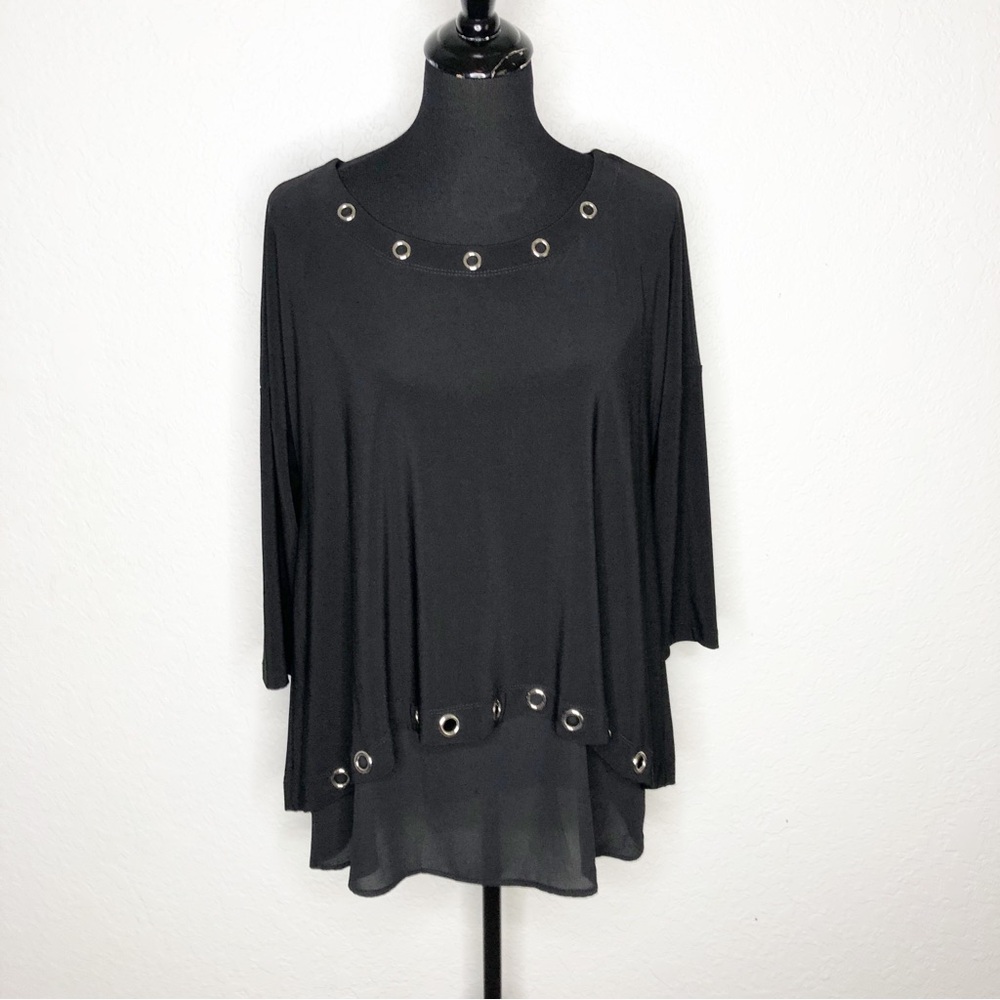 Joseph Ribkoff black silver‎ grommet sheer hem top size 10